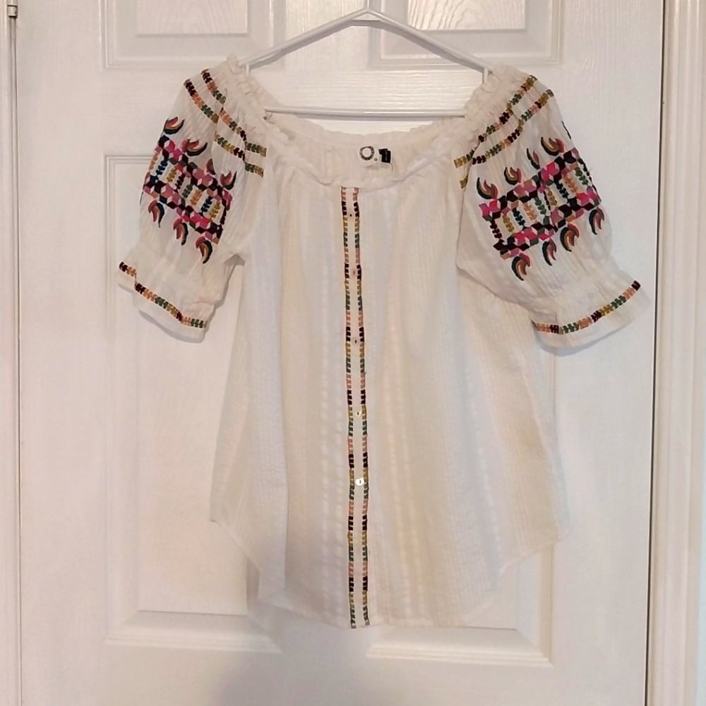 Anthropologie White Blouse with Multicolor Embroidery